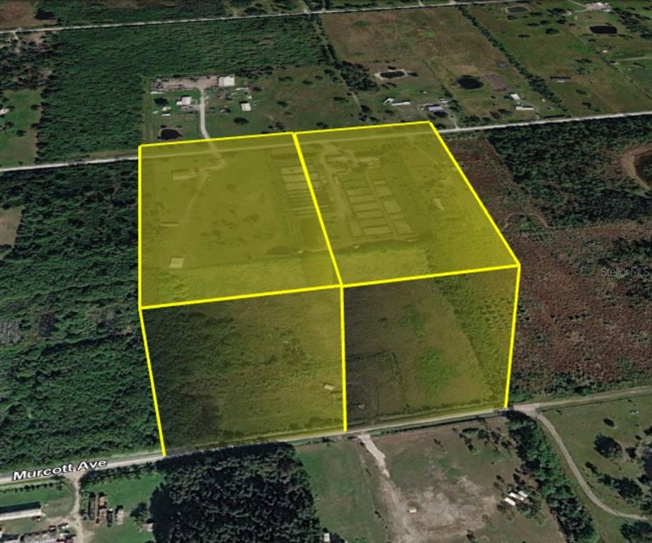 An aerial view shows two adjacent rectangular plots of land highlighted in yellow near Murcott Ave — 13649 & 13601 MURCOTT AVENUE, CLEWISTON, FL