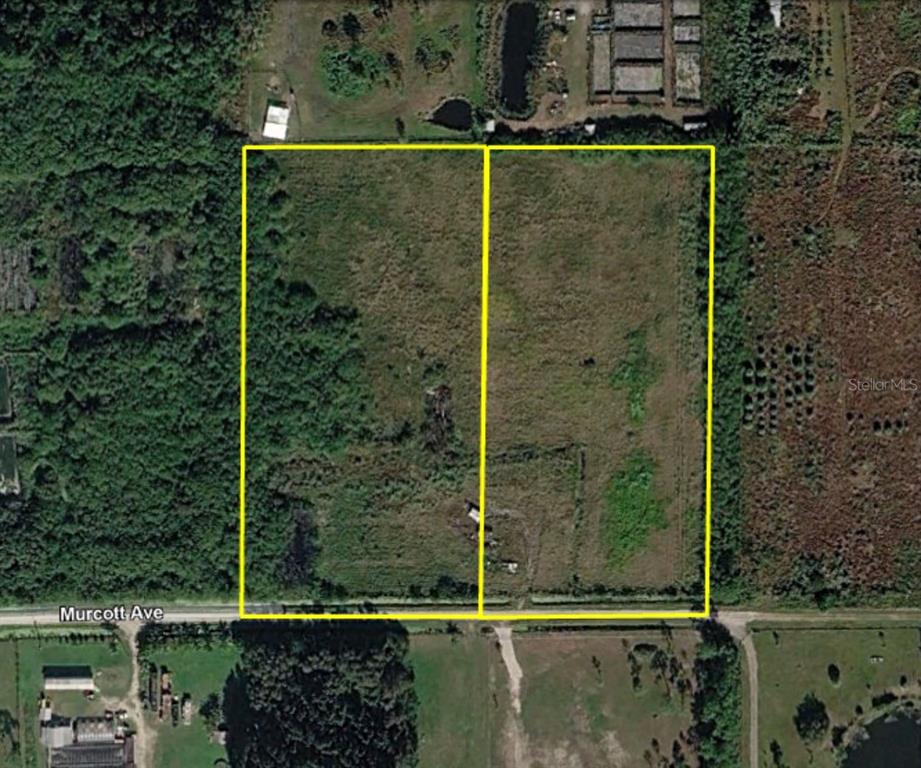 An aerial view shows two adjacent rectangular plots of land bordered by a dirt road — 13649 & 13601 MURCOTT AVENUE, CLEWISTON, FL