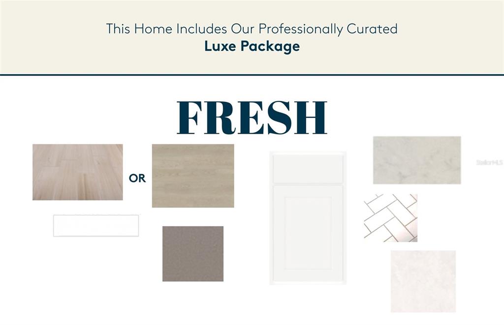 This image is a design board displaying flooring, cabinetry, and countertop samples for a home — 4404 SW 82ND LOOP, OCALA, FL