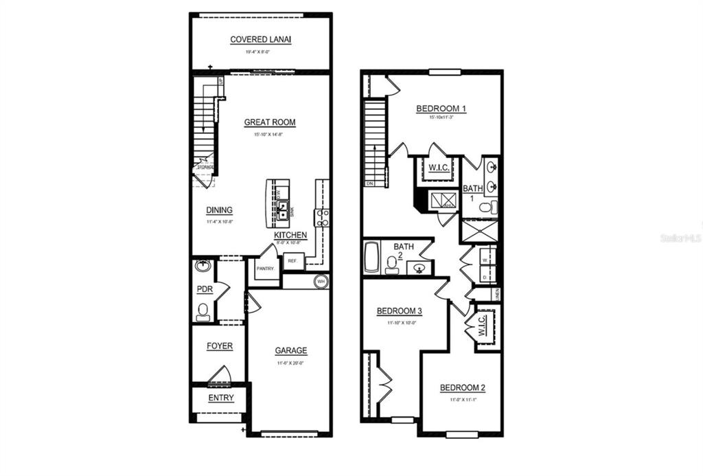 This is a floor plan showing a two-story home with a garage and three bedrooms — 3349 PLEASANT WILLOW COURT, BRANDON, FL