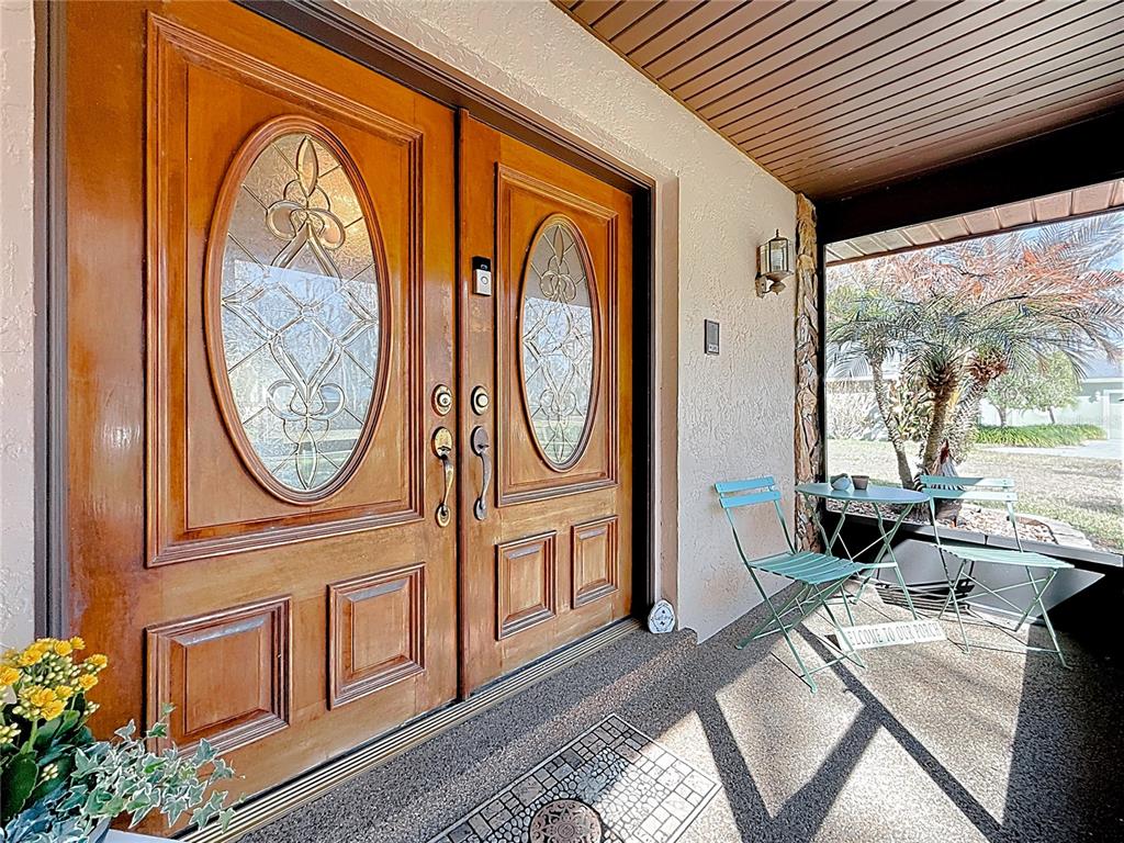 A covered porch features double wooden doors with oval glass inserts and a bistro set — 452 SUMMIT CHASE DRIVE, VALRICO, FL