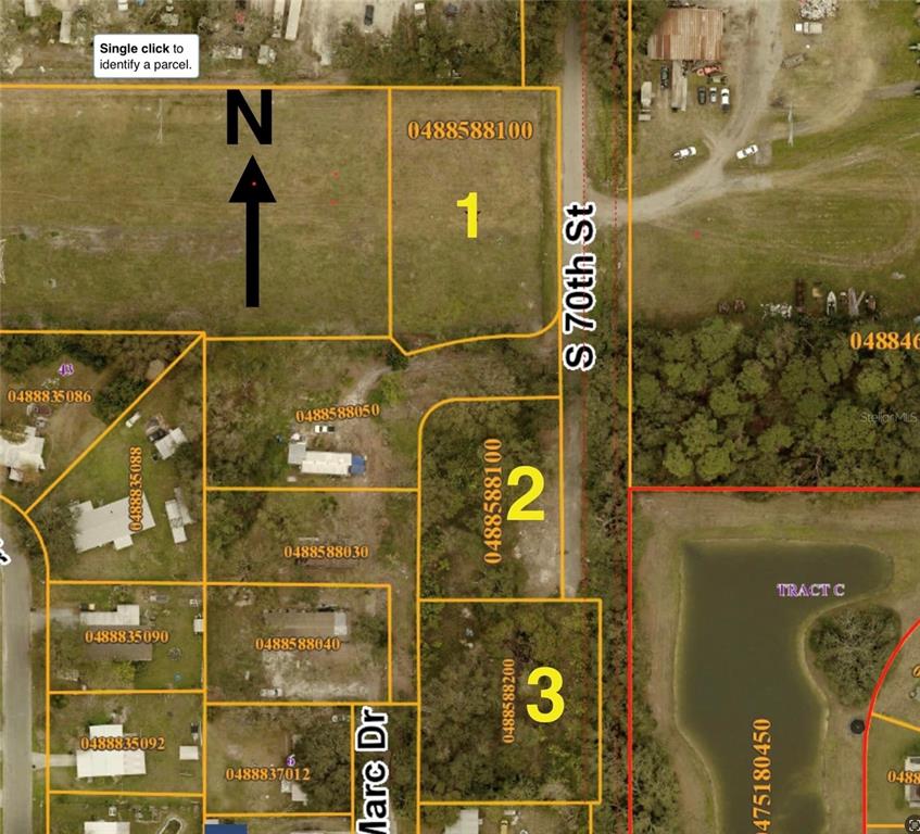 This is a map showing three numbered land parcels and surrounding properties — 4415 S 70TH STREET, TAMPA, FL
