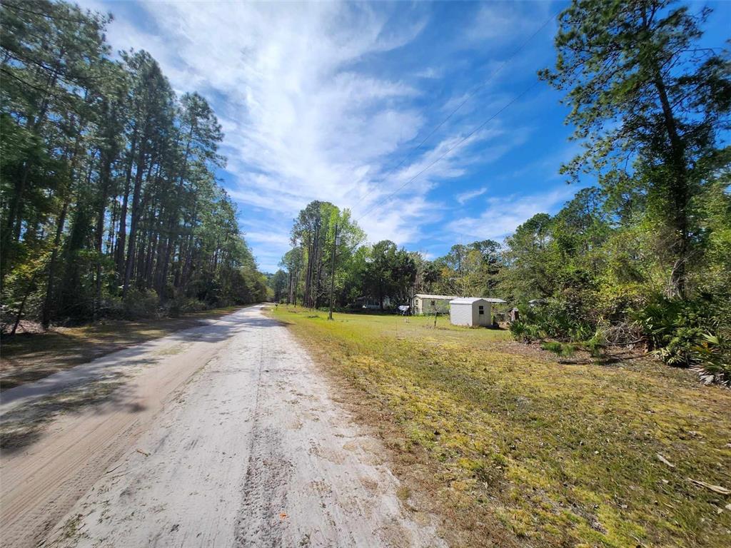 A dirt road runs alongside a grassy lot with a small shed and trees — 112 MOSSWOOD STREET, GEORGETOWN, FL