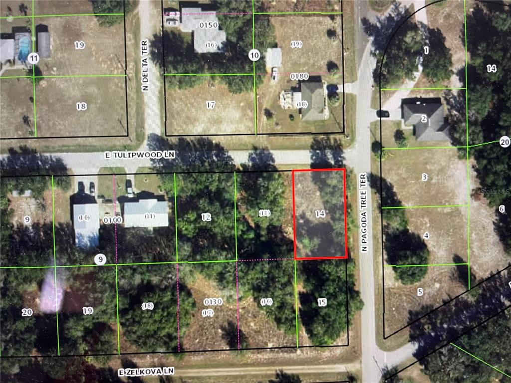 This is an aerial map showing a vacant lot highlighted in red among residential properties — 3798 E TULIPWOOD LANE, HERNANDO, FL