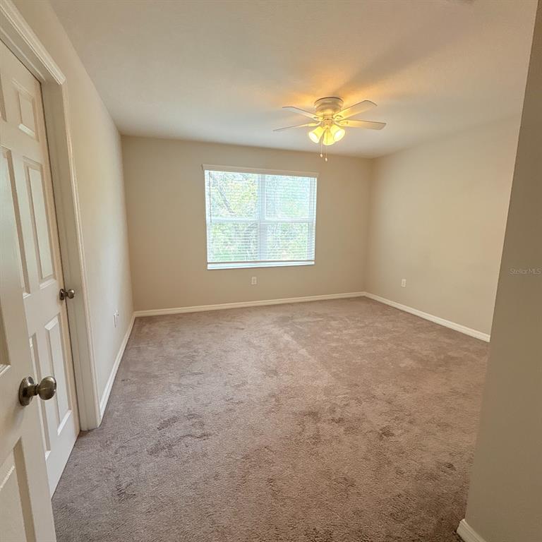 An empty bedroom features beige carpet, light-colored walls, a ceiling fan, and a window — 7234 GRAND ELM DRIVE, RIVERVIEW, FL
