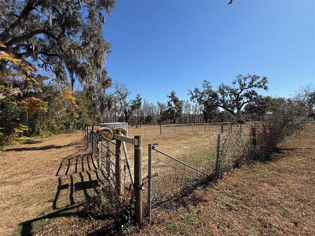 A fenced pasture features a small shelter, hay bales, and large trees under a clear sky — 37214 HESTER ROAD, DADE CITY, FL