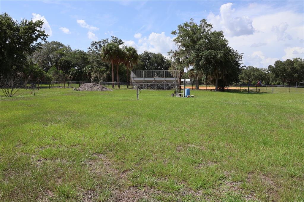 A grassy field features a metal bleacher structure, palm trees, and mature oaks in back — 699 BAKER STREET, WAUCHULA, FL