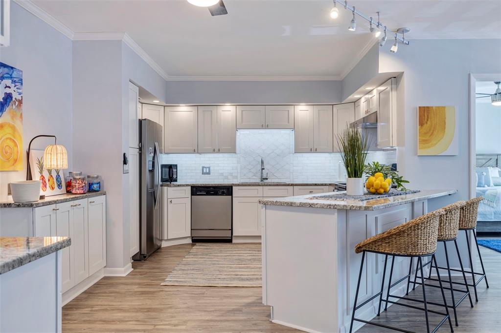 A modern kitchen features white cabinets, granite countertops, stainless steel appliances, and a breakfast bar — 5396 GULF BOULEVARD UNIT 209, ST PETE BEACH, FL