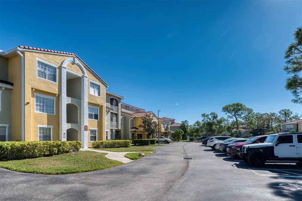 An aerial view of a swimming pool surrounded by palm trees, lounge chairs, and pergolas — 5551 BENTGRASS DRIVE UNIT 11-303, SARASOTA, FL