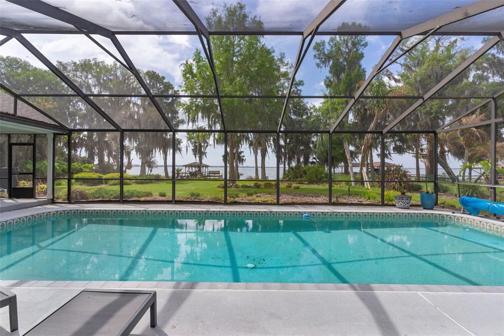 A screened-in swimming pool overlooks a grassy lawn and a lake with trees — 60 SAND LAKE PLACE, EUSTIS, FL