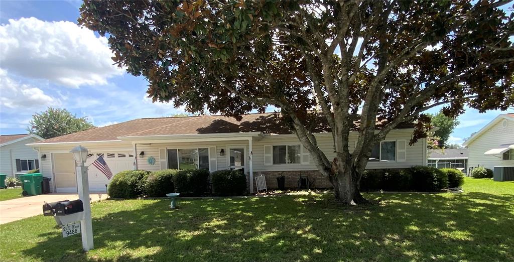 A single-story house with light siding, a large tree in the front yard, and a garage — 9486 SE 173RD PLACE, SUMMERFIELD, FL