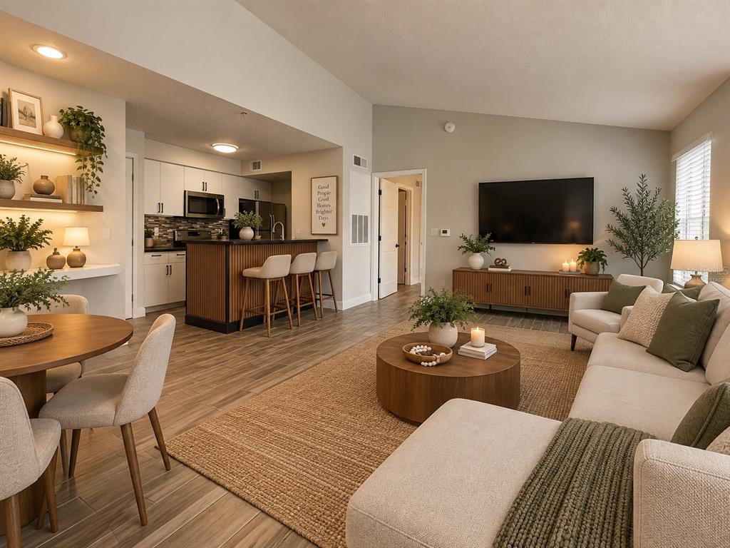 A bathroom features a white vanity with a black countertop, a shower-tub combo, and wood-look flooring — 2208 ANTIGUA PLACE UNIT 938, KISSIMMEE, FL
