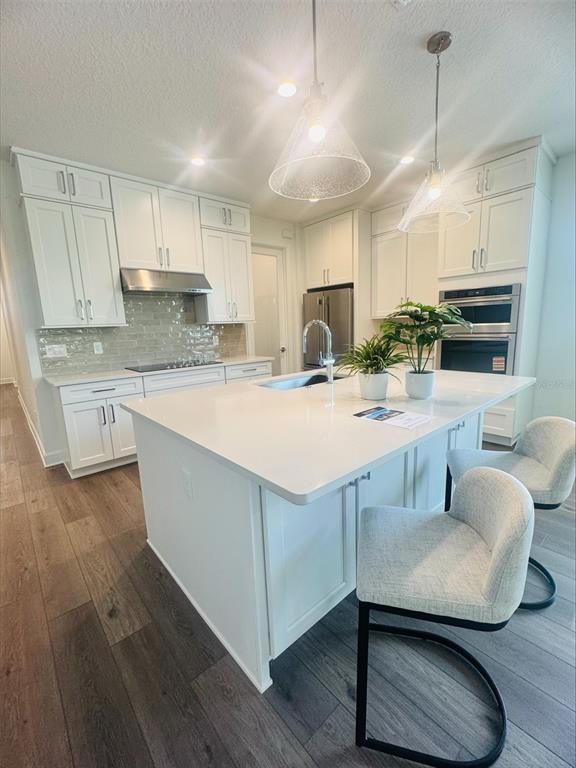 This design board displays kitchen finishes including white cabinets, quartz countertops, wood-look flooring, and hardware — 3678 ARBORDALE LOOP, SANFORD, FL
