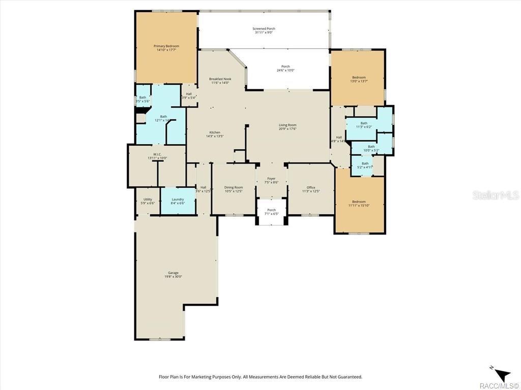 This is a floor plan of a single-story house with a garage and multiple porches — 2618 N CARNOUSTIE LOOP, LECANTO, FL