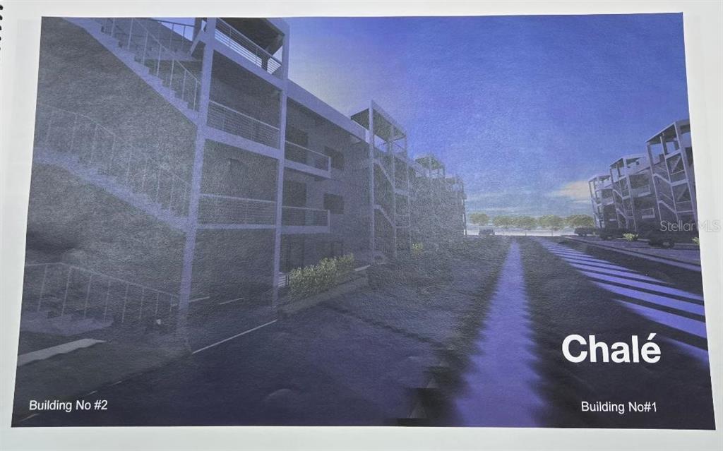 This is a rendering of two multi-story apartment buildings labeled Chalé — 1 PACO GALAN, GUAYNABO, PR