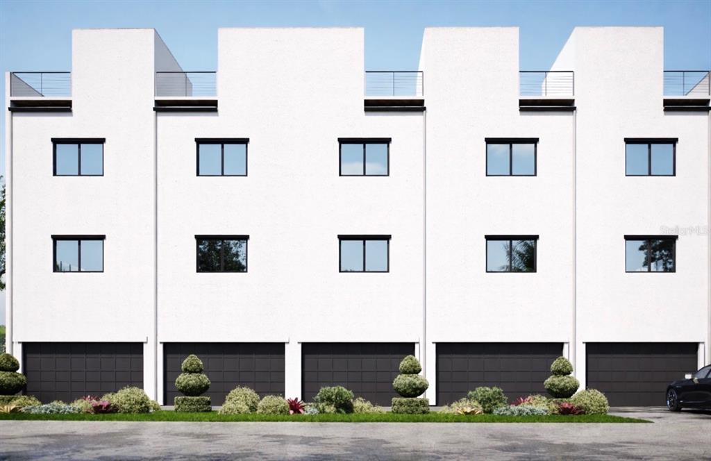 This is a rendering of a modern multi-unit townhouse building with white stucco and garages — 2168 9TH AVENUE N UNIT 2, ST PETERSBURG, FL