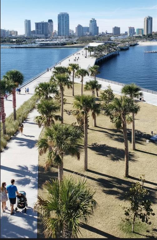 An elevated view of a palm-lined park walkway leading to a pier with city buildings — 2168 9TH AVENUE N UNIT 2, ST PETERSBURG, FL