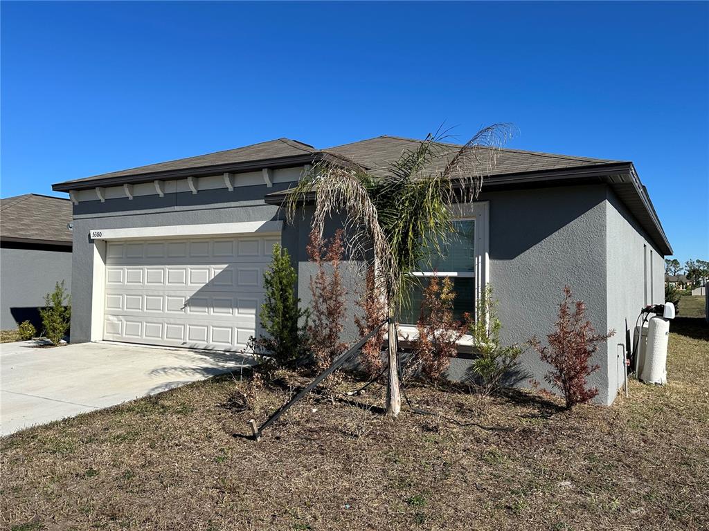 A gray single-story house with a white garage door and a small palm tree — 5380 BLUE HORIZON WAY, WIMAUMA, FL