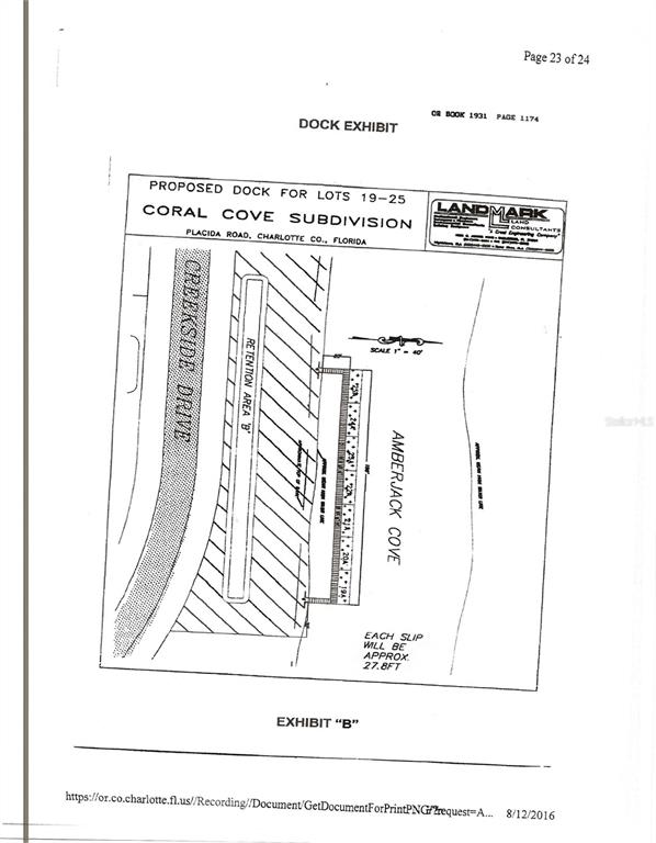 This is a site plan rendering showing a proposed dock layout for a subdivision — 10081 CREEKSIDE DRIVE, PLACIDA, FL