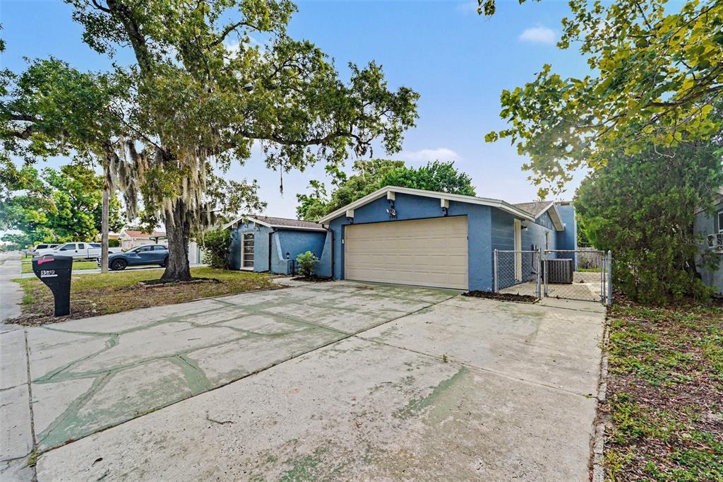 A blue house with a two-car garage and a concrete driveway under a large tree — 9540 RAINBOW LANE, PORT RICHEY, FL