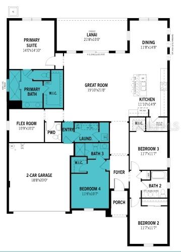 This is a floor plan for a single-story house with four bedrooms and a garage — 324 FREE RANGE DRIVE, GROVELAND, FL