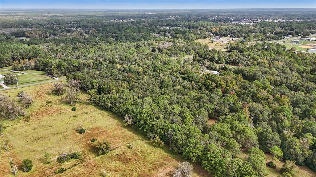 An aerial view shows a large, wooded lot adjacent to an open, grassy field — 0 W EDWARDS ROAD, STARKE, FL