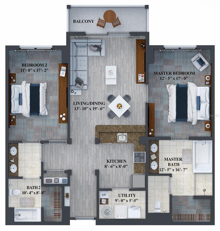 This floor plan shows a two-bedroom, two-bathroom apartment with a central living area and balcony — 14501 GROVE RESORT AVENUE UNIT 2423, WINTER GARDEN, FL
