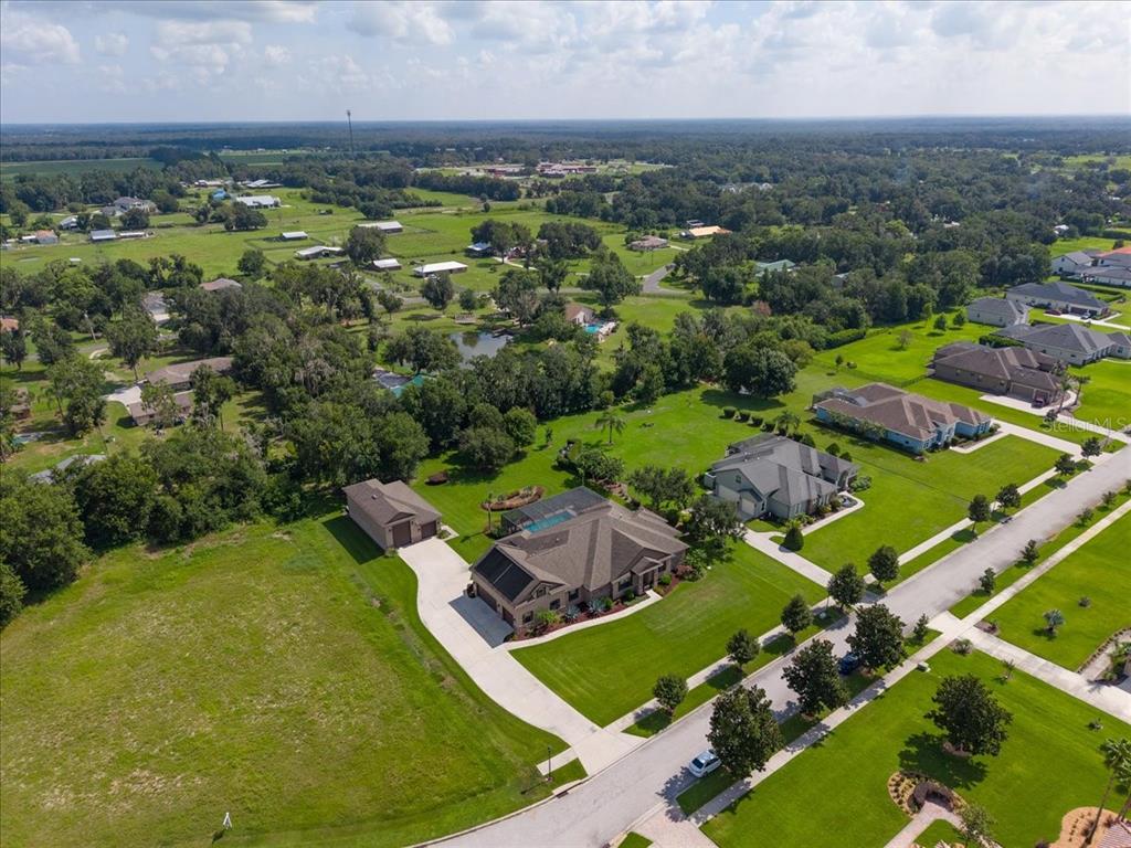 An aerial view shows a suburban house with a pool, detached garage, and large yard — 408 HAWK TALON DRIVE, LITHIA, FL