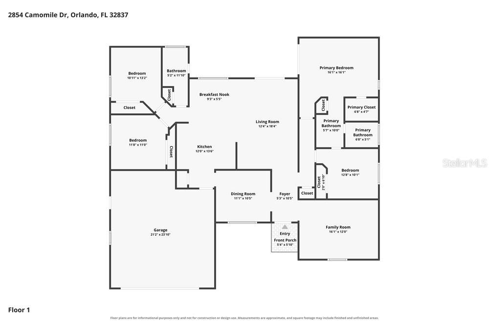 This is a floor plan for a single-story house with a garage and four bedrooms — 2854 CAMOMILE DRIVE, ORLANDO, FL