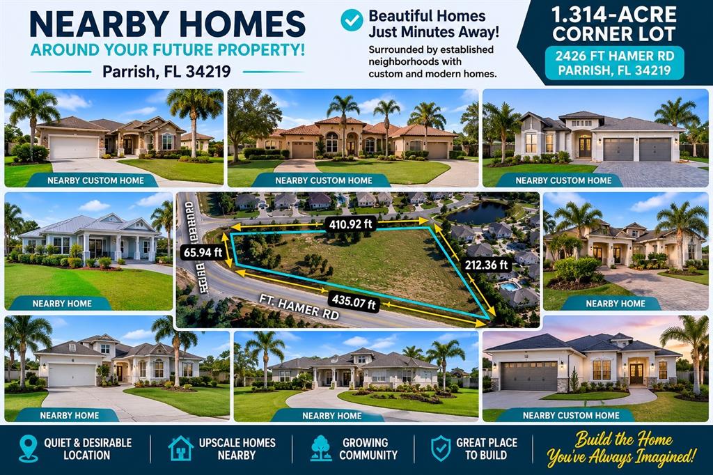 This real estate collage displays a vacant corner lot and several surrounding residential homes — 2426 FORT HAMER ROAD, PARRISH, FL