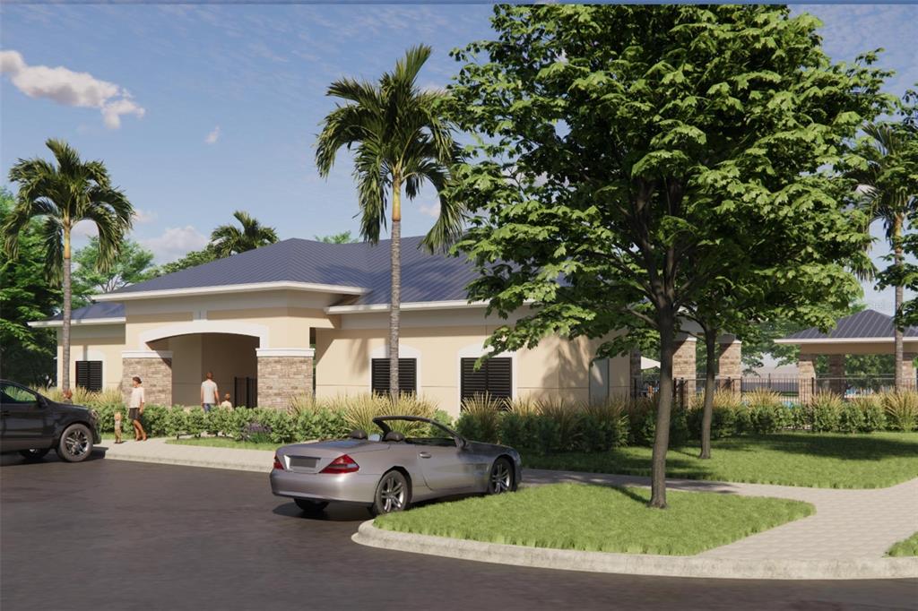This is a rendering of a community clubhouse exterior with a parking lot and landscaping — 2095 TOWN PASTURE DRIVE, EUSTIS, FL