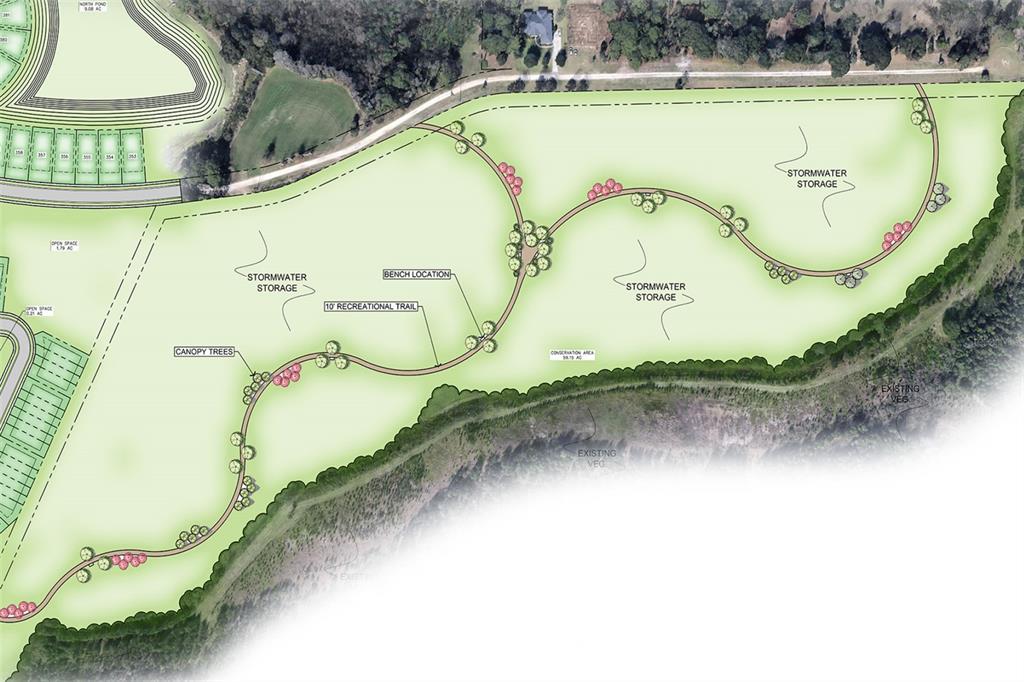 This site plan rendering shows a proposed recreational trail, stormwater storage areas, and canopy trees — 2095 TOWN PASTURE DRIVE, EUSTIS, FL