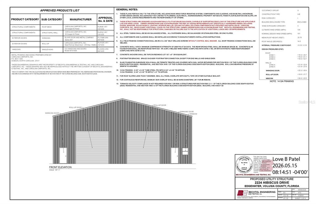 This is an engineering drawing and elevation rendering for a proposed utility structure — 2224 HIBISCUS DRIVE, EDGEWATER, FL