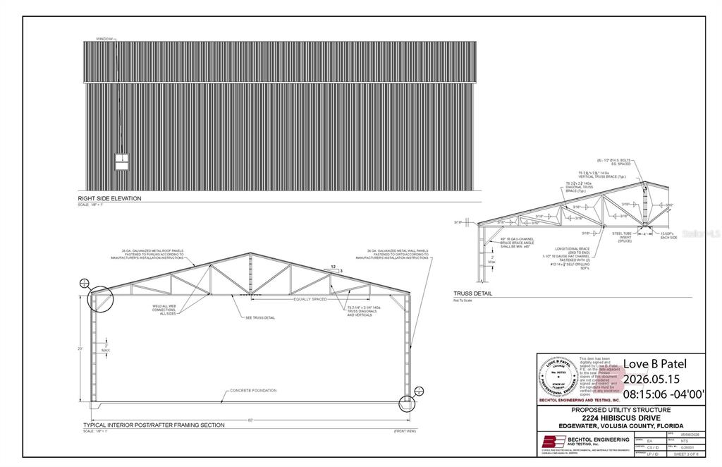 This is a structural engineering drawing showing the framing and truss details for a building — 2224 HIBISCUS DRIVE, EDGEWATER, FL