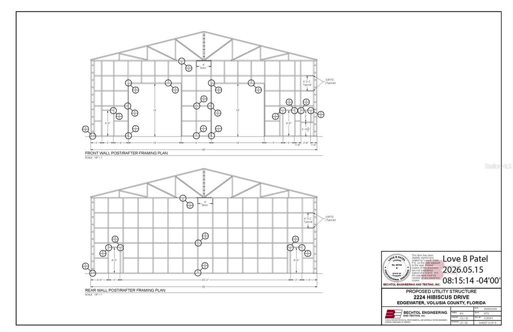This is a structural engineering drawing showing the front and rear wall framing plans — 2224 HIBISCUS DRIVE, EDGEWATER, FL