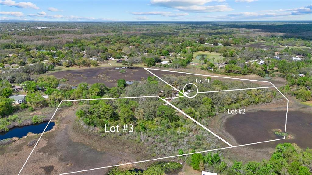 This aerial view shows three outlined land lots surrounded by trees and marshy terrain — INDALE DRIVE, NEW PORT RICHEY, FL