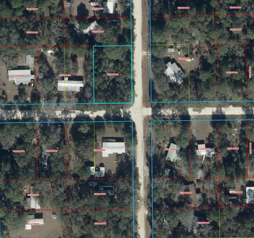 This is an aerial map showing property boundaries and parcel numbers for a residential area — 14111 NE 45TH PLACE, WILLISTON, FL