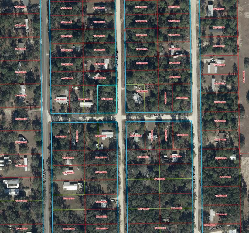 This is an aerial map showing property parcel boundaries and lot numbers in a residential area — 14111 NE 45TH PLACE, WILLISTON, FL
