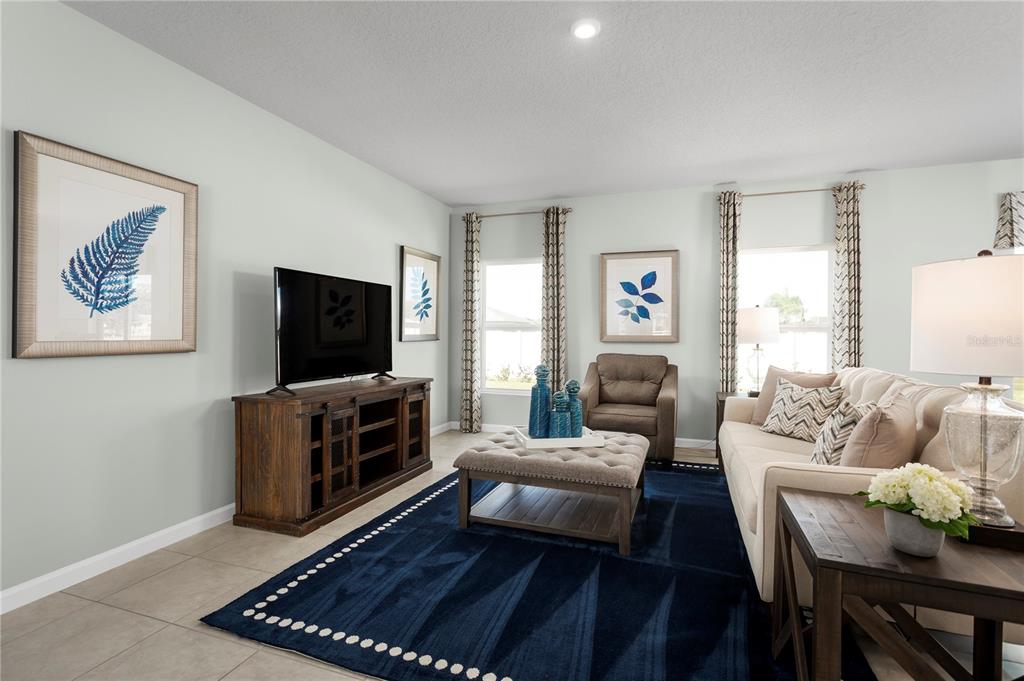 A living room features a dark blue area rug, a television console, and beige seating — 8884 WILDFLOWER FIELD LANE, WILDWOOD, FL