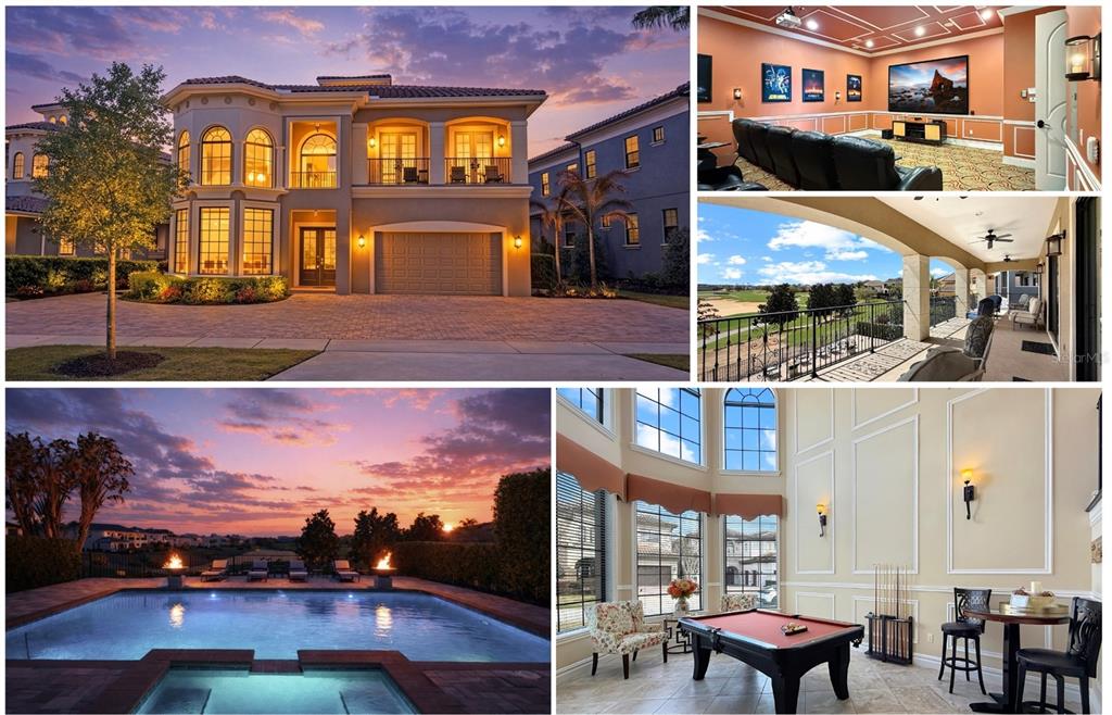 A two-story house with a paved driveway, arched windows, and a balcony at dusk — 451 MUIRFIELD LOOP, REUNION, FL