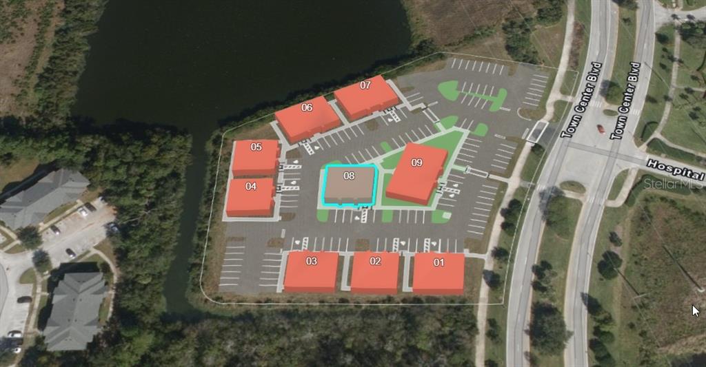 This is an aerial map rendering of a commercial office park with numbered building sites — 75 EXCHANGE LOOP LOOP UNIT 8, PALM COAST, FL