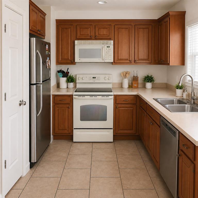 A kitchen with wood cabinets, stainless steel appliances, a white stove, and beige tile flooring — 1715 9TH AVENUE, DELAND, FL