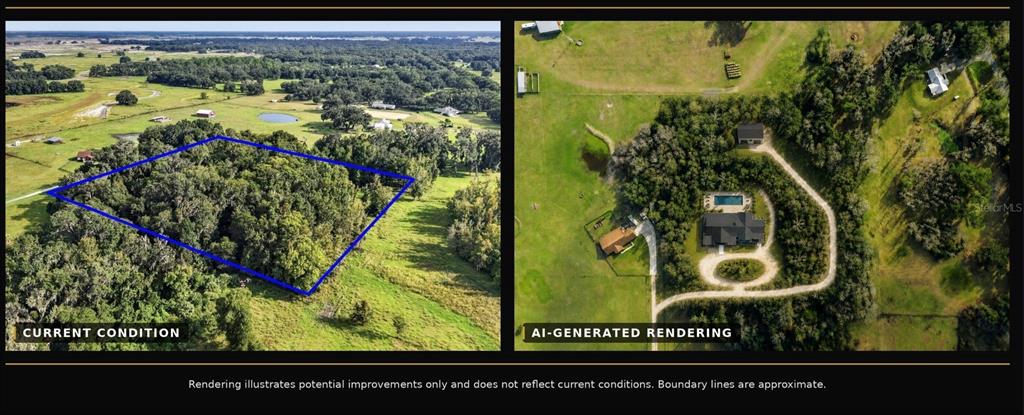 Aerial view of a house with a pool, detached garage, and fire pit on wooded land — TBD CR 526, SUMTERVILLE, FL