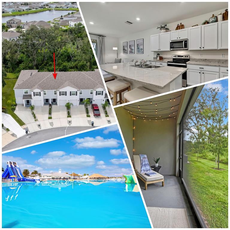 A collage showing a townhome exterior, a modern kitchen, a screened patio, and a pool — 16662 MAUDE DRIVE, WIMAUMA, FL