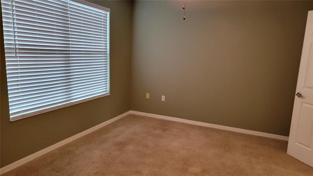 An empty bedroom features beige carpet, olive-green walls, a large window with blinds, and a door — 2805 CLIFFE COURT, OVIEDO, FL