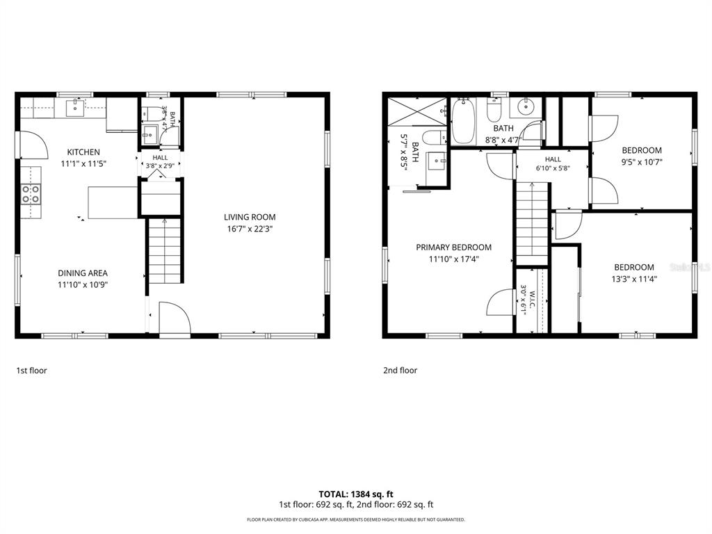 This is a two-story floor plan showing a kitchen, living room, and three bedrooms — 230 BEVERLY BOULEVARD, BRANDON, FL