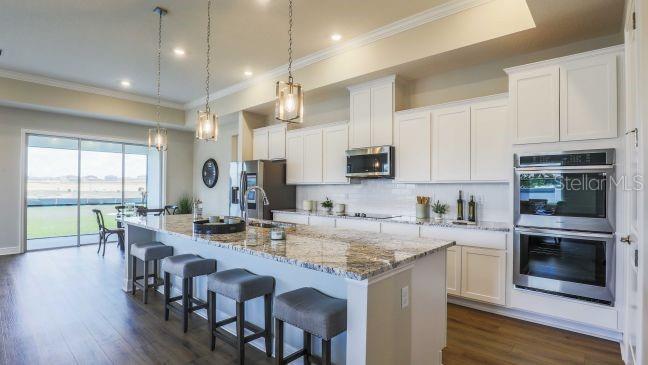 A modern kitchen features white cabinetry, granite countertops, a large island, and stainless steel appliances — 930 BUCKEYE DRIVE, LADY LAKE, FL