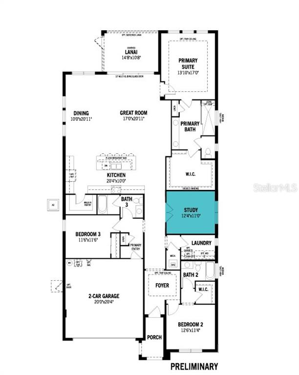 This is a floor plan for a single-story home featuring three bedrooms and a study — 34890 FLOWER PATCH DRIVE, DADE CITY, FL