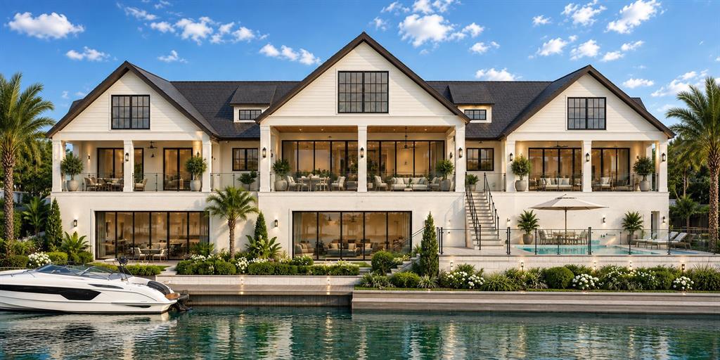 This is a rendering of a large waterfront house with a boat, pool, and balcony — 546 FREELING DRIVE, SARASOTA, FL