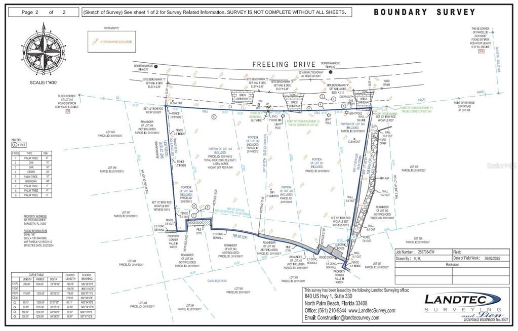This is a boundary survey map showing property lines, lot dimensions, and site features — 546 FREELING DRIVE, SARASOTA, FL